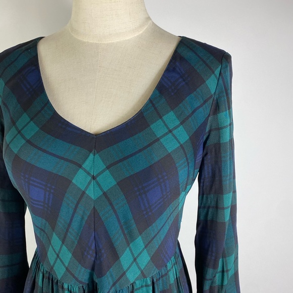J. CREW Black Watch Plaid Drapey Long Sleeve Dress Womens 2